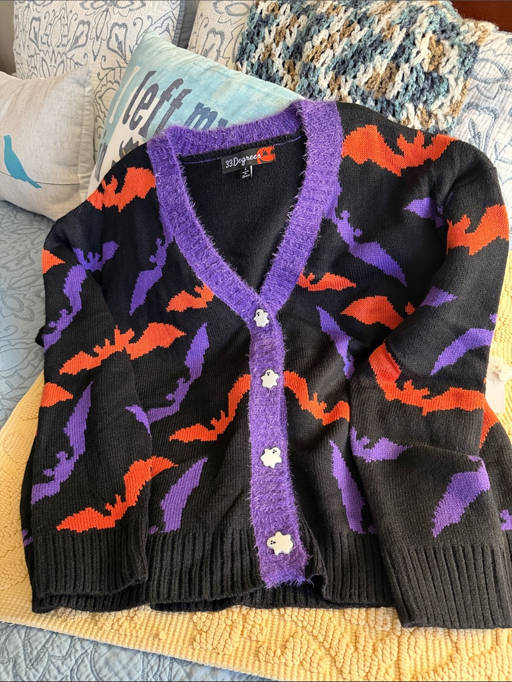 NWT 33 Degrees Black Halloween Bat Cardigan Sweater with Purple Trim